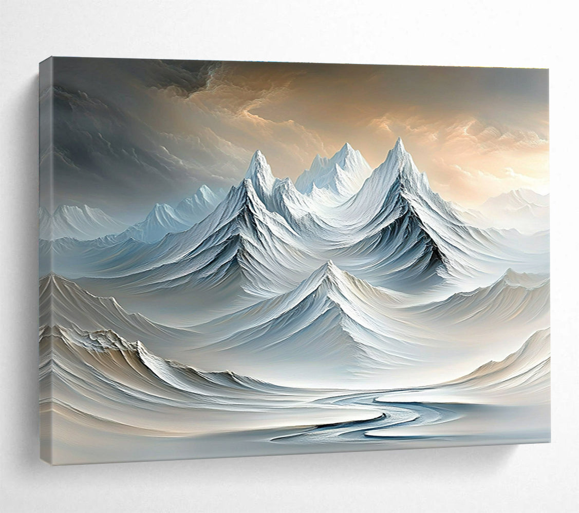 Surreal Snowy Mountain Range Abstract Painting with Dreamlike Beauty ABS609