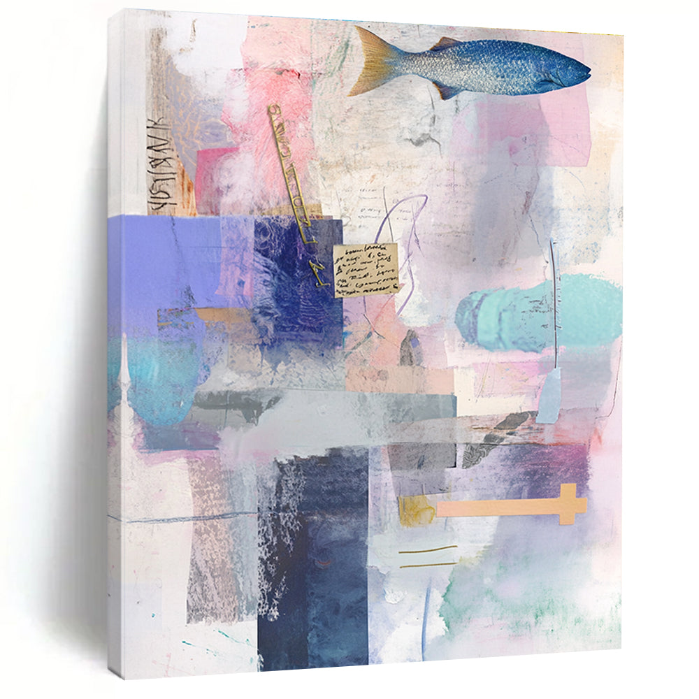 Fish and Text Collage Narrative Mixed Media Abstract Painting GAB0249