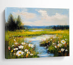 Flower - Filled River Landscape Abstract Painting with Vibrant Nature ABS594