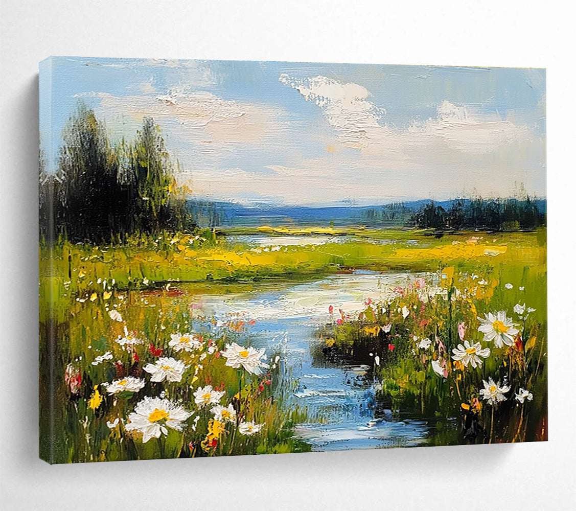 Flower - Filled River Landscape Abstract Painting with Vibrant Nature ABS594