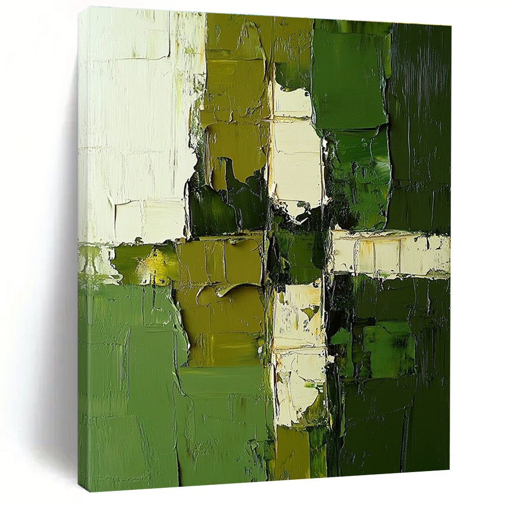 Green White Geometric Abstract Painting with Textured Precision WINK606