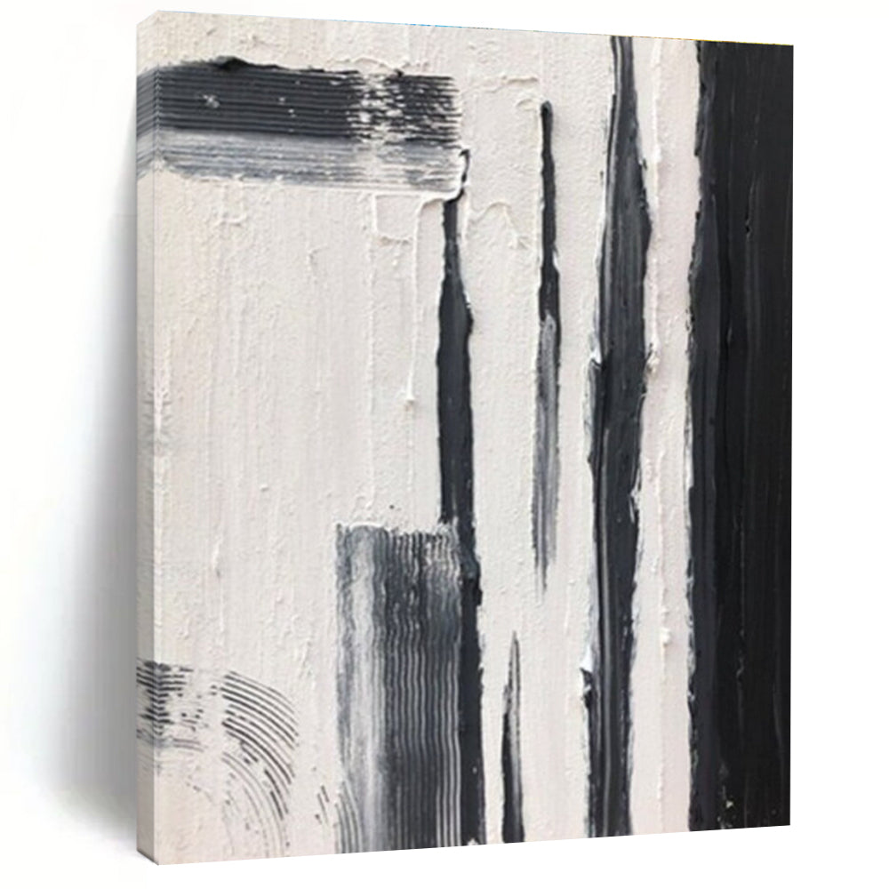 Black and White Textured Vertical Strokes Abstract Painting for Contemporary Entrances HENG367