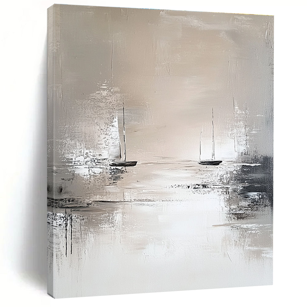 Serene Monochrome Sailboats Abstract Painting for Calm Spaces GAB0671