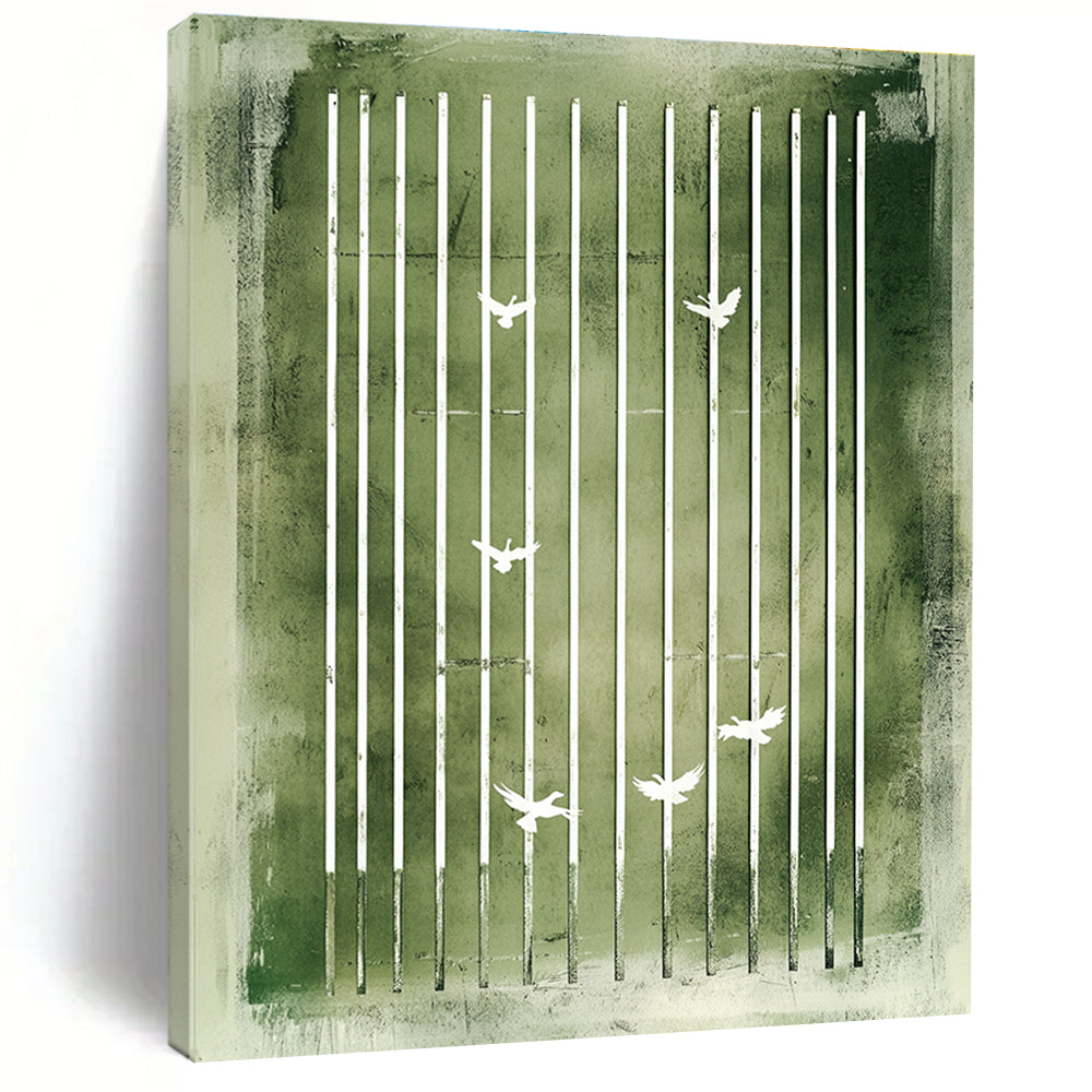 Green Bars and White Birds Symbolic Abstract Art GAB0377