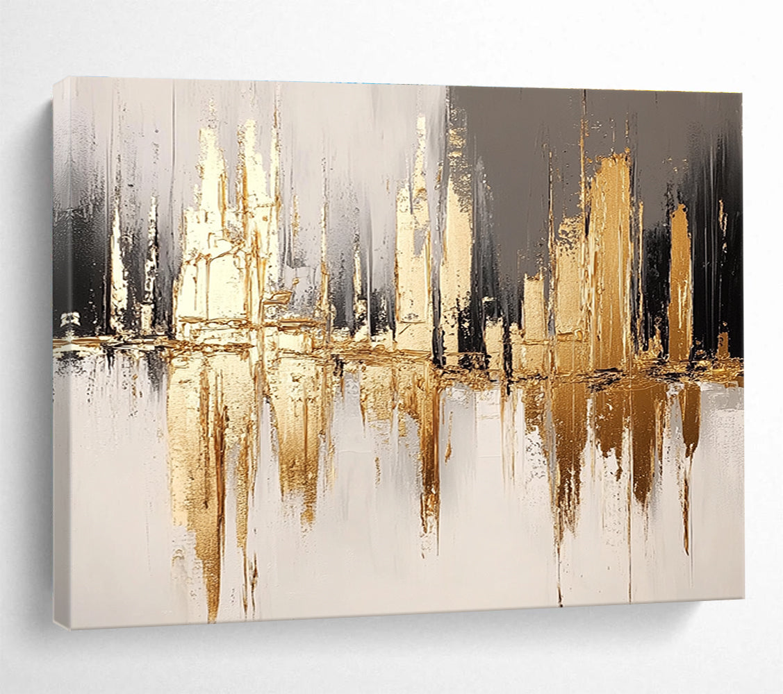 Golden City Reflection with Metallic Accents Abstract Painting ABS311