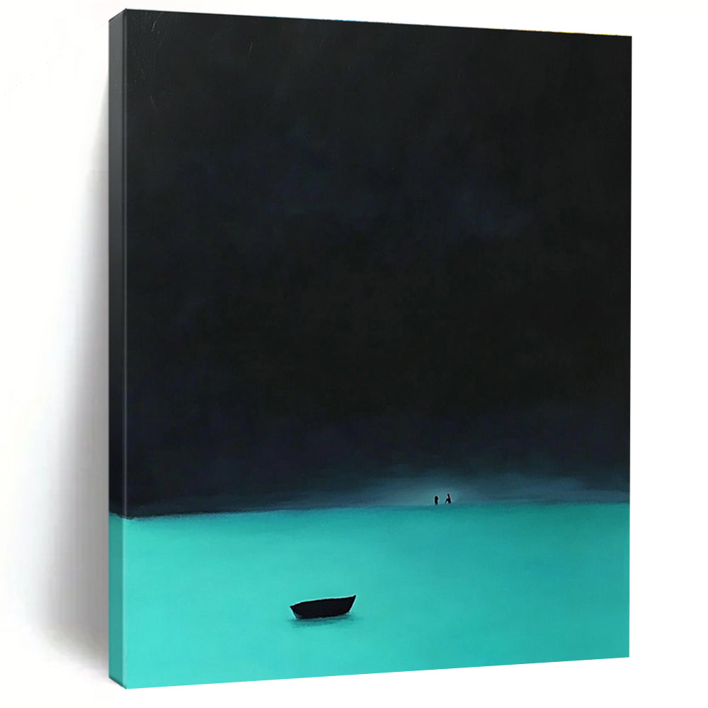 Night Lake with Boat Abstract Painting for Serene Bedroom Retreats GAB1341