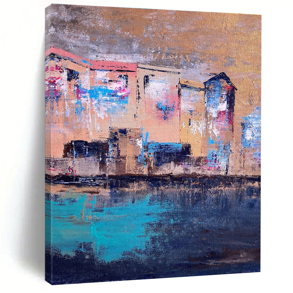 Riverside Buildings Abstract Painting for Bohemian - Style Cafes HENG460
