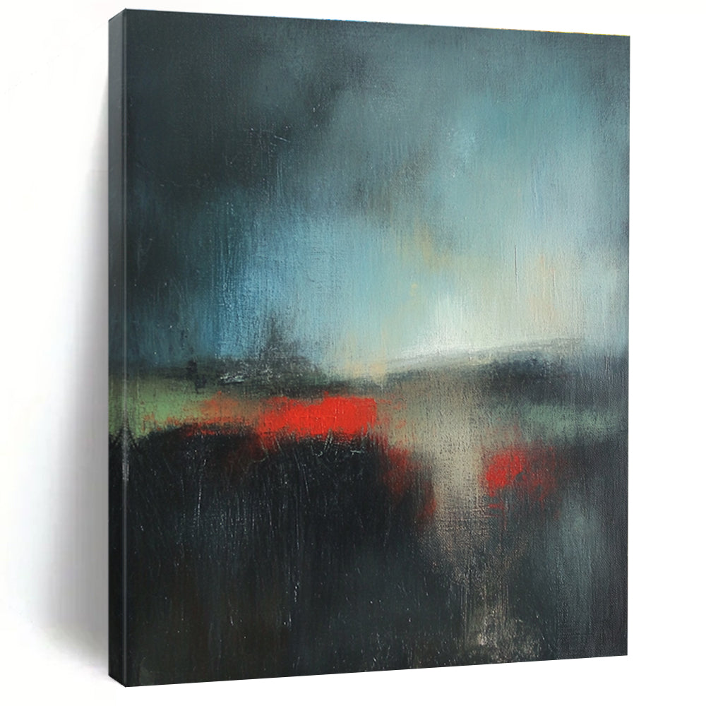 Dark Abstract Landscape with Red Accents Painting for Dramatic Home Theaters GAB1166