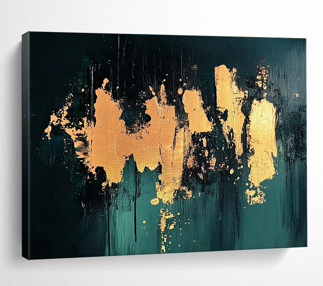 Gold Splash on Green Abstract Painting with Luxurious Accents ABS418
