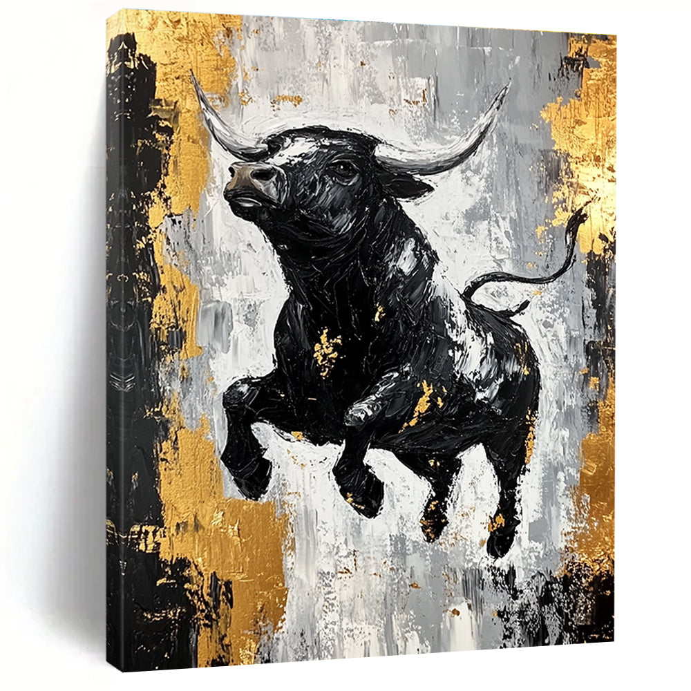 Dynamic Black Bull with Gold Accents Abstract Painting GAB0032