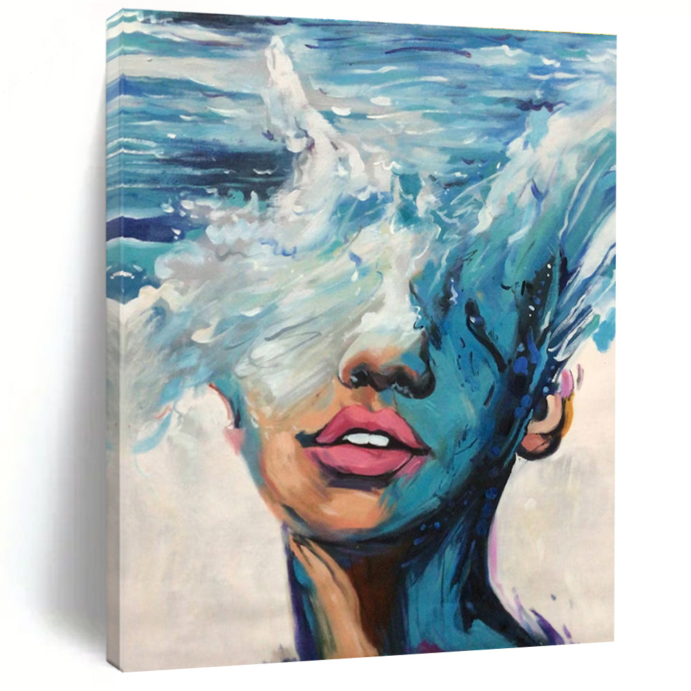 Blue Ocean Wave - Masked Face Abstract Painting for Contemporary Art Galleries HENG347