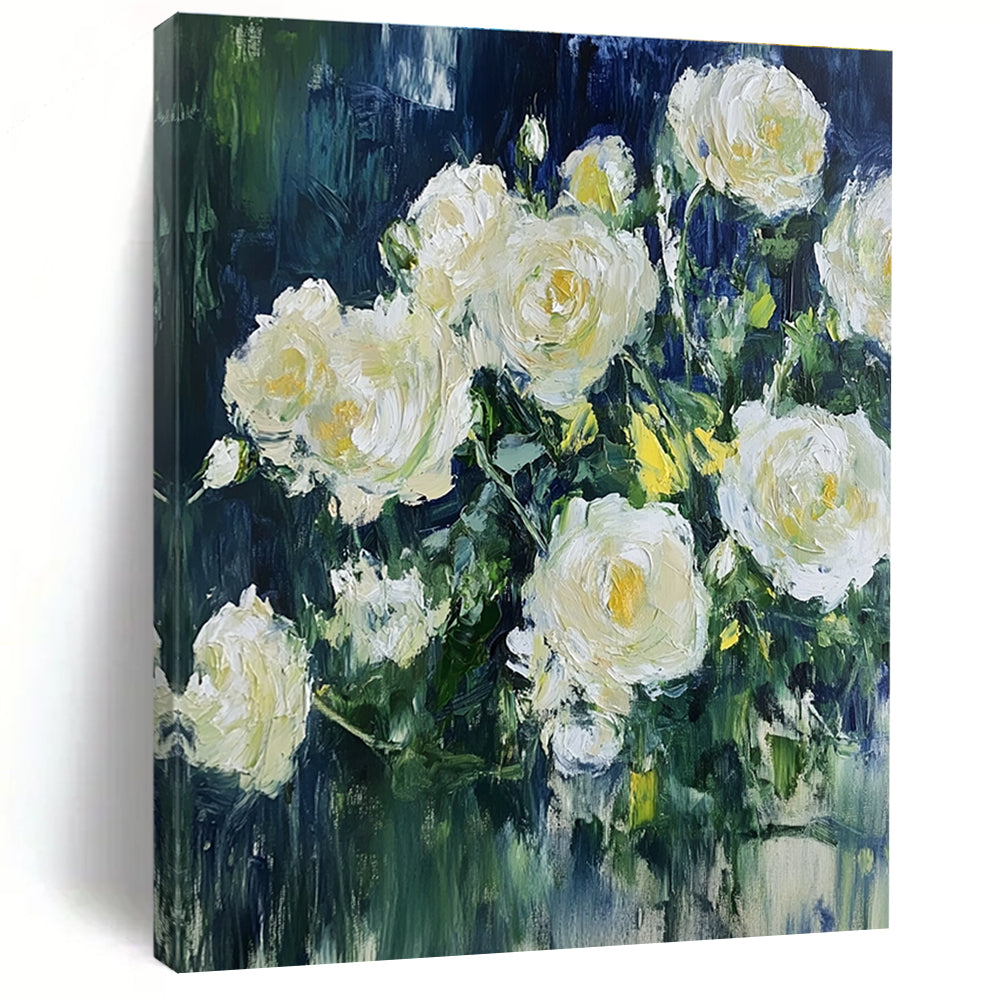 White Roses in Blue Impressionistic Abstract Painting for Romantic Spaces GAB1537