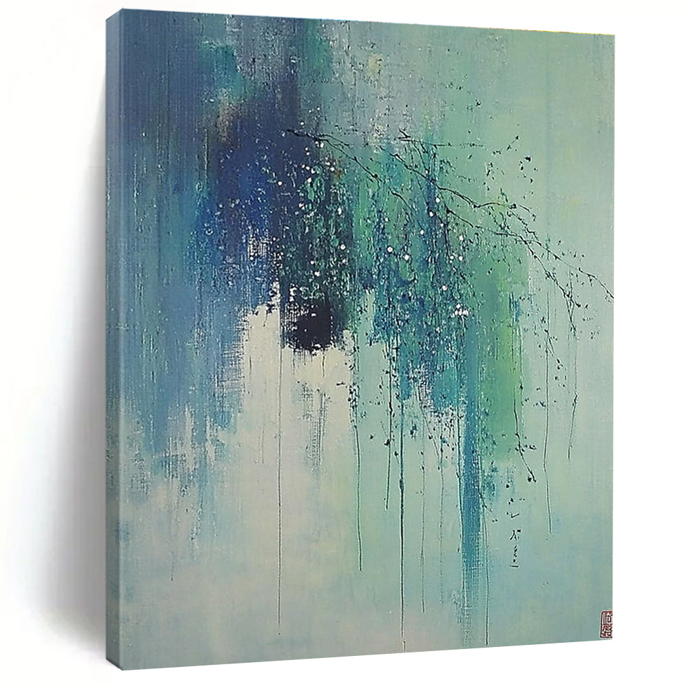 Blue and Green Dripping Branches Abstract Painting of Ethereal Nature GAB0174