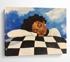 Dreaming Figure on Checkered Pillow Abstract Painting with Calm Intimate Vibe ABS561