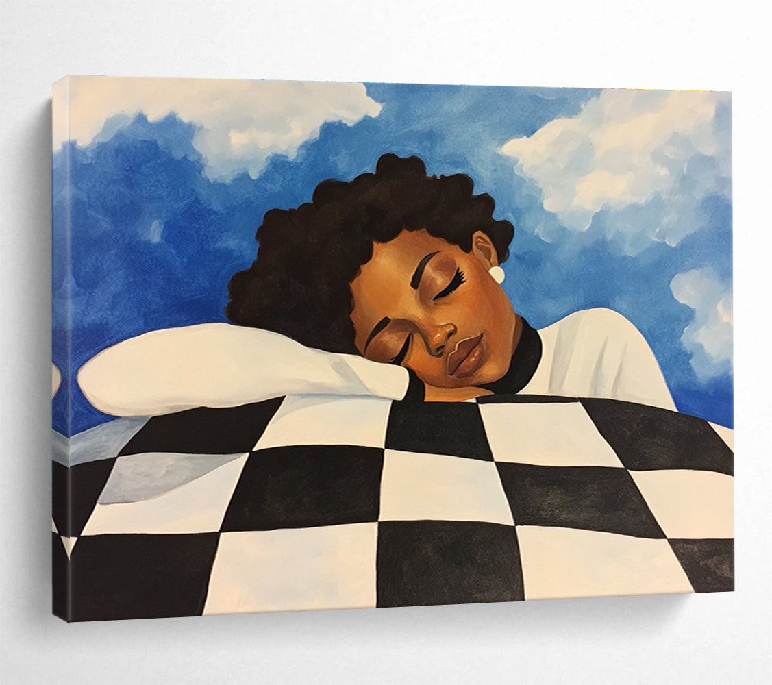 Dreaming Figure on Checkered Pillow Abstract Painting with Calm Intimate Vibe ABS561