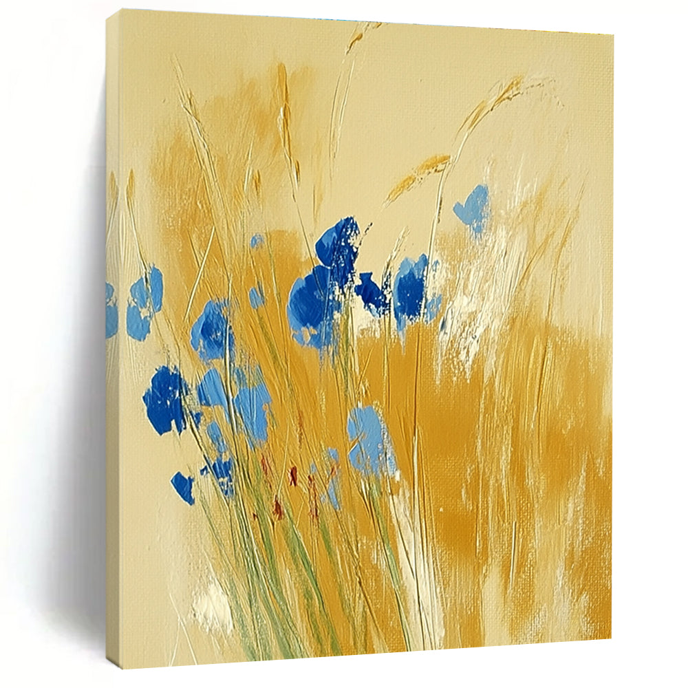 Blue Flowers in Golden Grass Abstract Painting for Country - Style Patios GAB0797