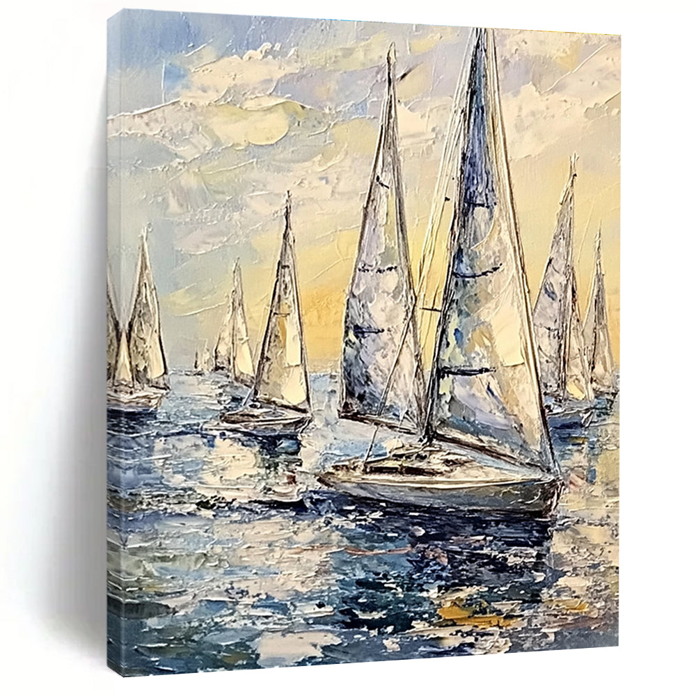 Fleet of Sailboats on Sea Vivid Abstract Painting for Energetic Spaces GAB1464