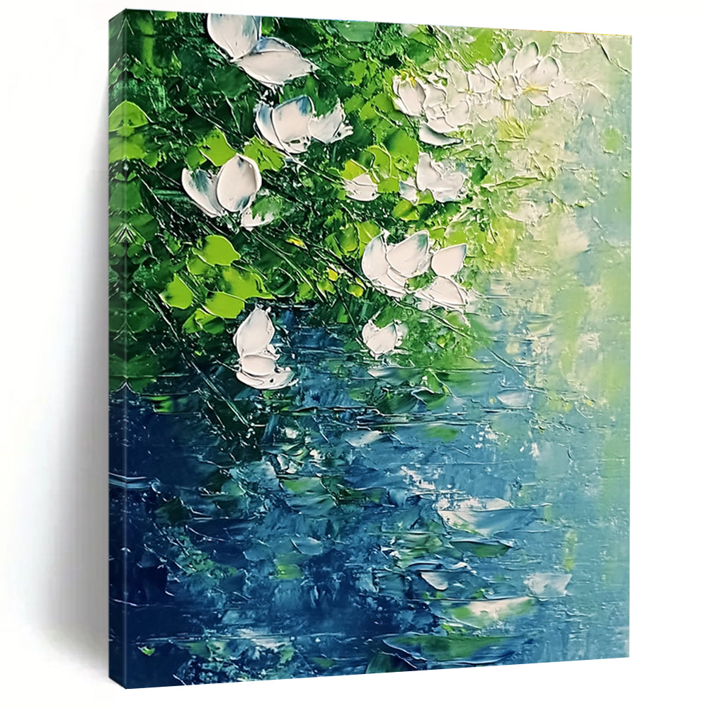 White Flowers Over Water Serene Abstract Painting for Relaxing Spaces GAB1525