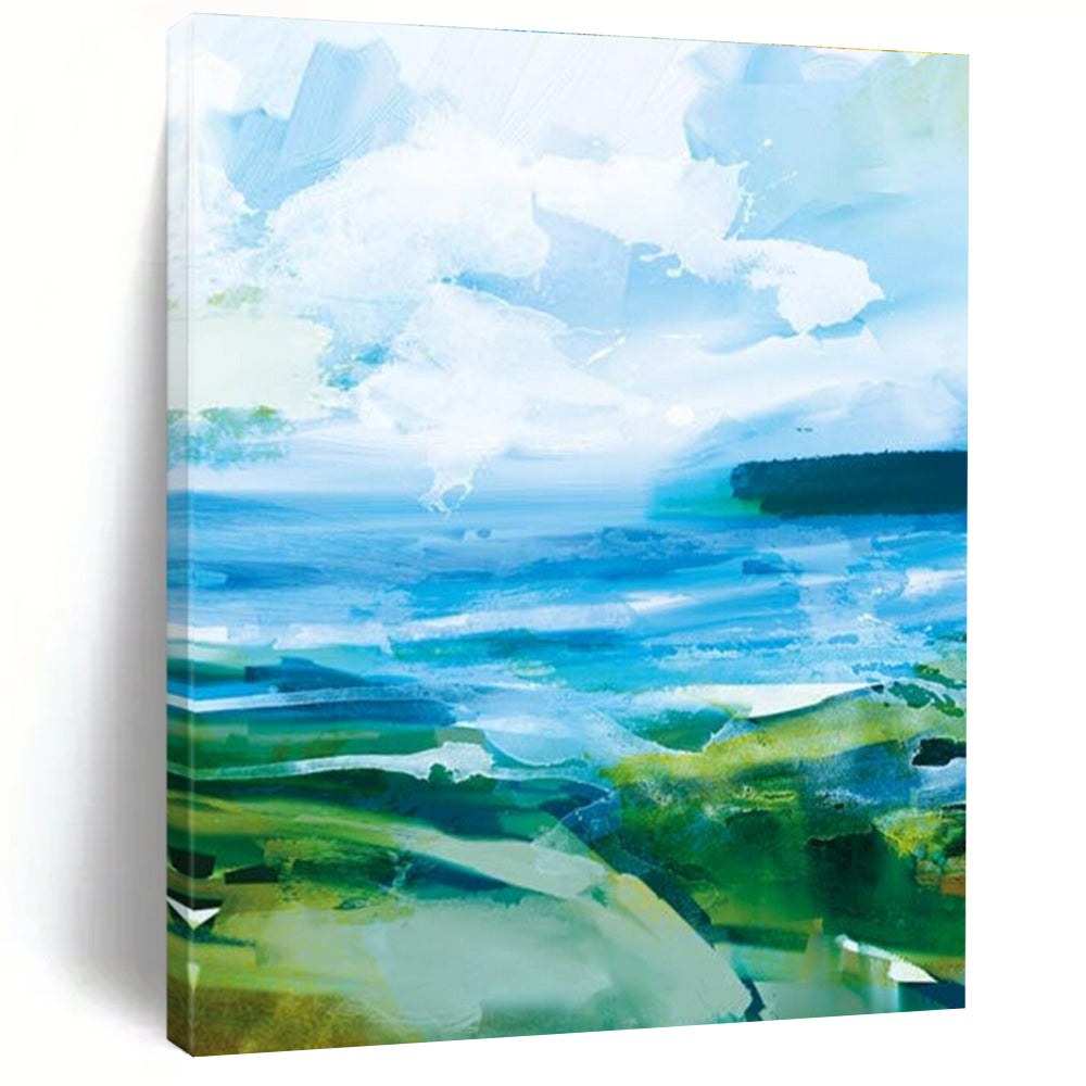 Vibrant Blue - Green Landscape Abstract Painting for Nature - Inspired Cafés HENG183