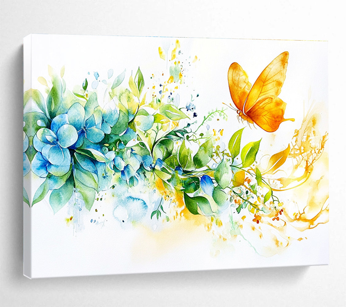 Blue Hydrangeas and Butterfly: Delicate Nature’s Moment Abstract Painting ABS158