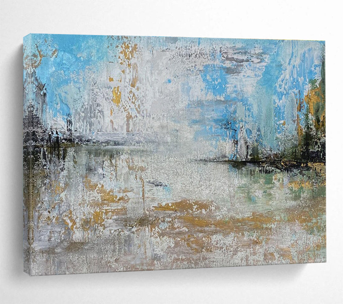Light Blue and Gold Abstract Lake Painting for Lakeside Vacation Homes YHT348