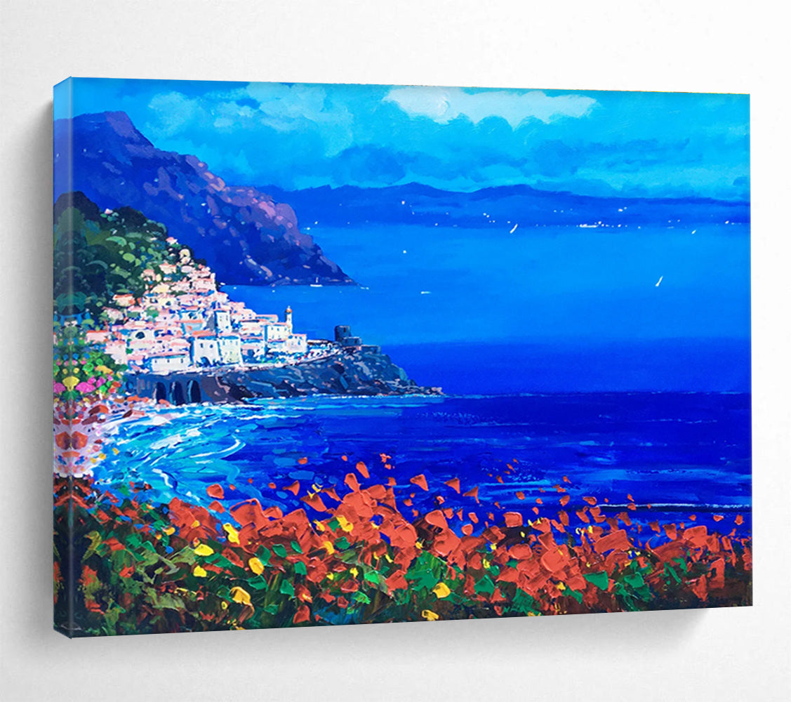 Coastal Town Night Abstract Painting for Mediterranean - Style Bars YHT434
