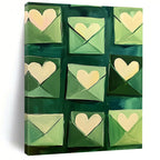 Green Envelopes with Hearts Whimsical Abstract Painting for Romantic Spaces GAB1436