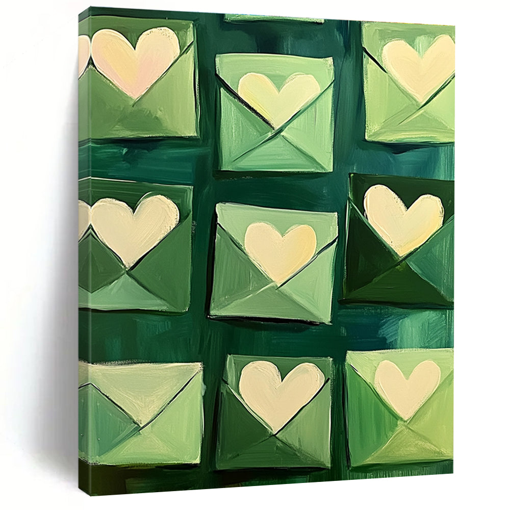 Green Envelopes with Hearts Whimsical Abstract Painting for Romantic Spaces GAB1436