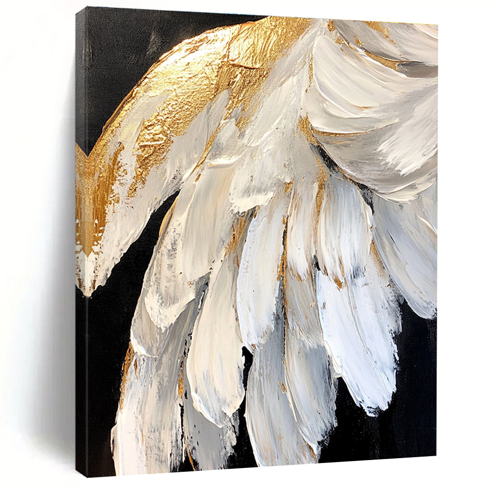 White - Gold Feather Textured Art - Luxe Minimalist Abstract Painting GAB0432