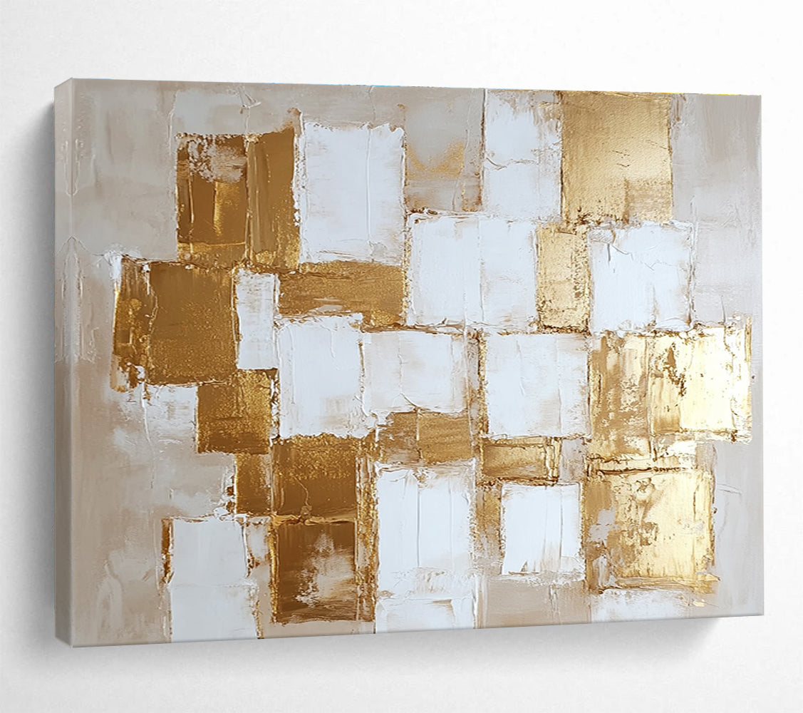 Gold and White Square Abstract Painting with Textured Elegance ABS451