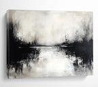 Monochrome Lake Scene: Moody Stillness in Black and White Abstract Painting ABS173