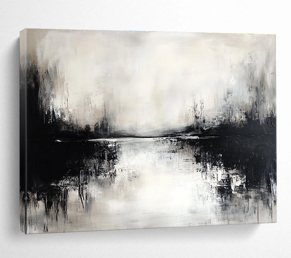 Monochrome Lake Scene: Moody Stillness in Black and White Abstract Painting ABS173