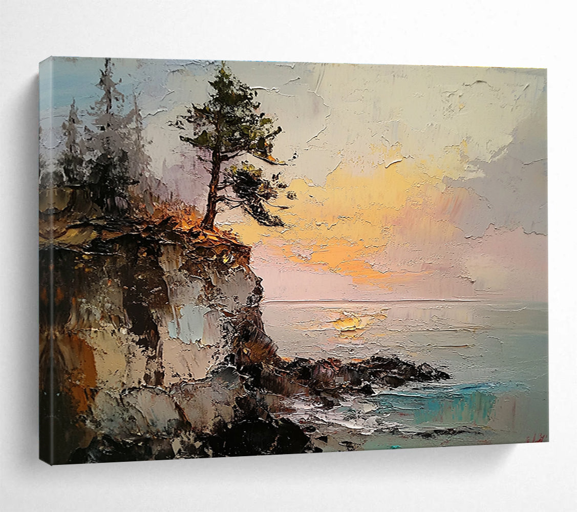 Tree on Cliff at Sunset Abstract Painting with Dramatic Light ABS593