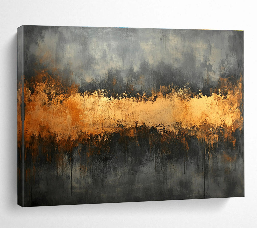Gray and Gold Abstract Painting with Dripping Textures ABS305