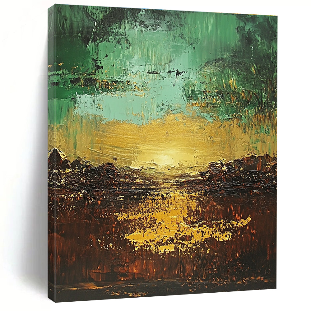 Green - Gold Abstract Landscape Painting with Ethereal Sunset WINK430