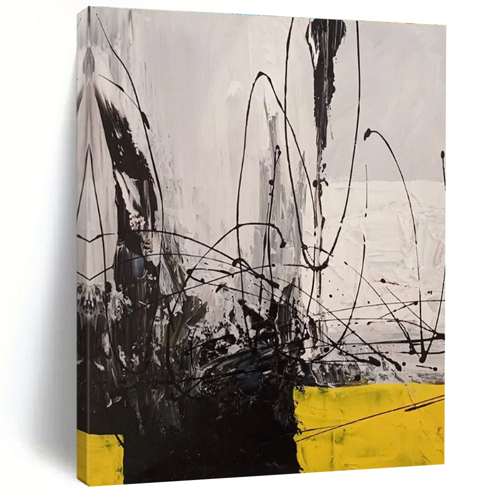Dynamic Black and White with Yellow Abstract Painting for Creative Studio Meeting Rooms HENG053