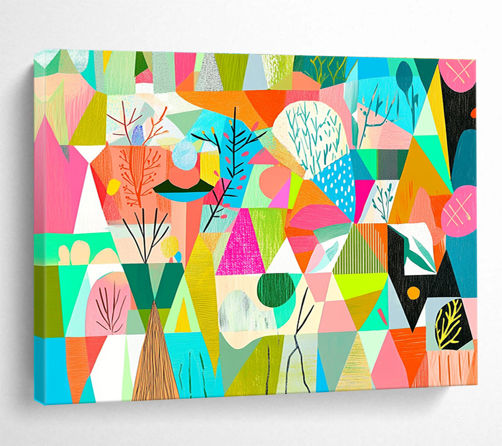 Geometric Nature Collage: Whimsical Landscape Reimagined Abstract Painting ABS154