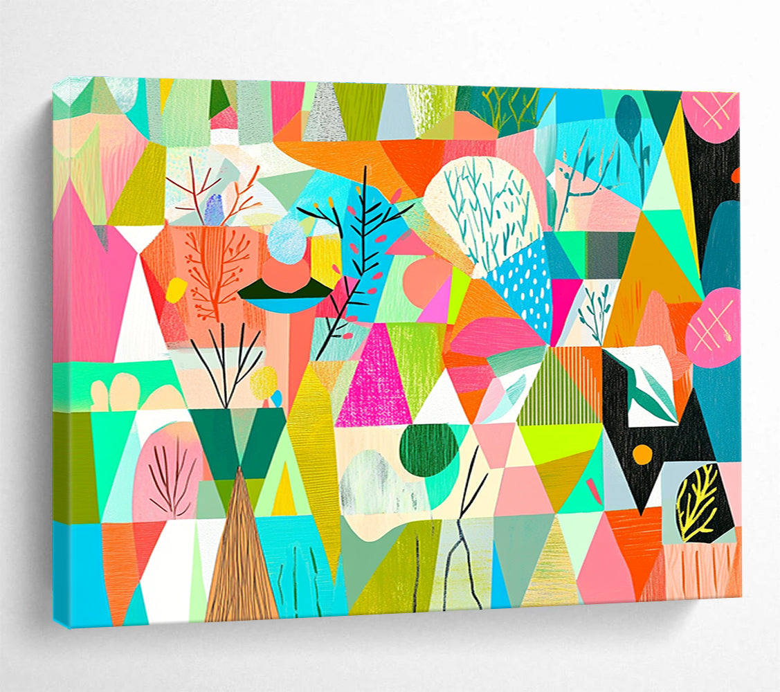 Geometric Nature Collage: Whimsical Landscape Reimagined Abstract Painting ABS154
