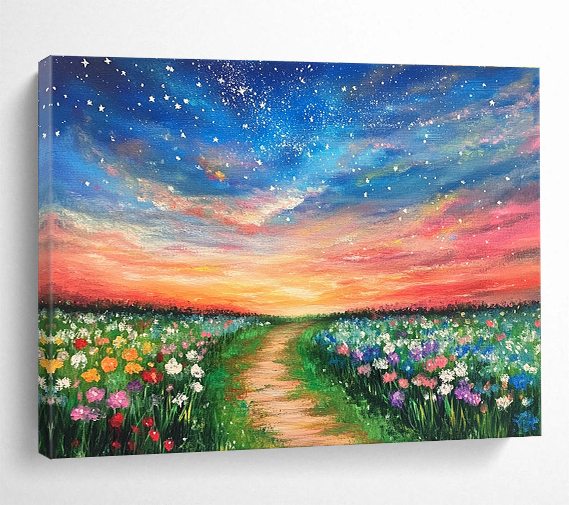 Enchanted Flower Field Path Painting with Vibrant Whimsical Charm ABS555