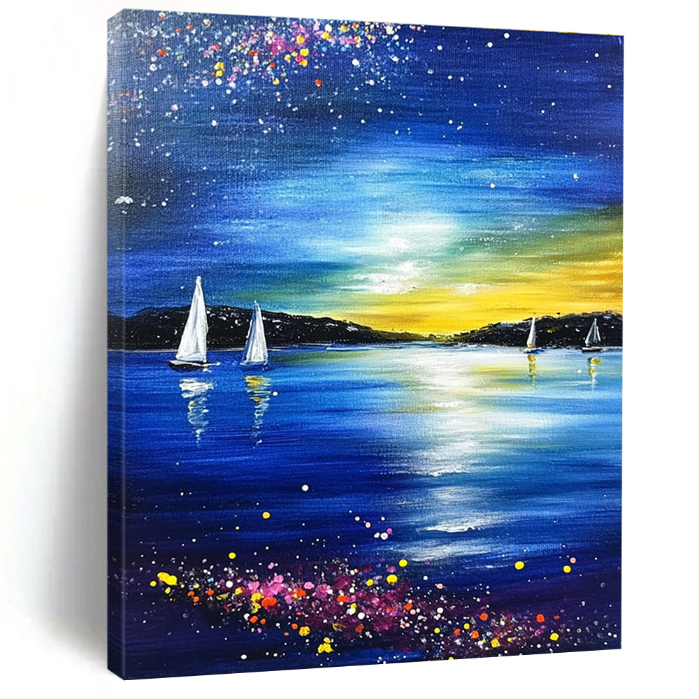 Starry Night Seaside Abstract Painting for Coastal - Themed Living Rooms GAB1015