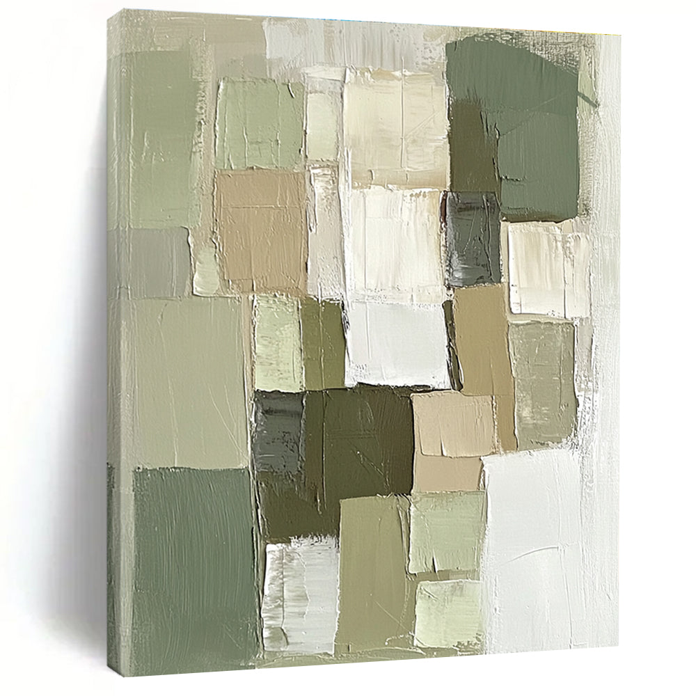 Green and Neutral Tones Abstract Painting with Textured Squares WINK811