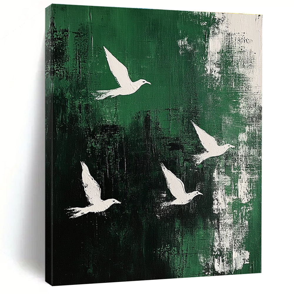 White Birds on Green Abstract Painting for Nature - Loving Cafes GAB0826