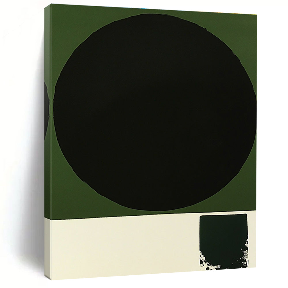 Black Circle on Green Abstract Painting with Bold Contrast WINK218