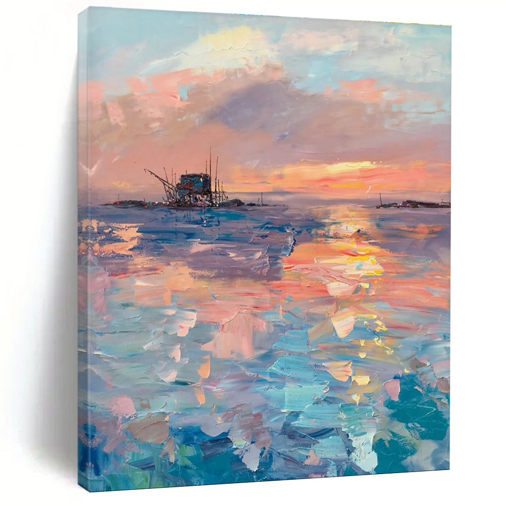 Sunset Over the Sea with Structure Abstract Painting for Nautical - Themed Restaurants HENG531