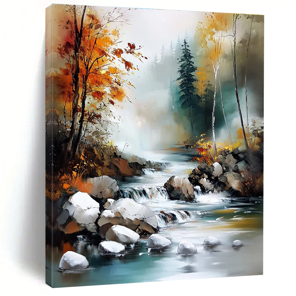 River in Autumn Forest Serene Landscape Abstract Painting GAB0326