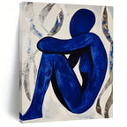 Blue Figure in Contemplation Abstract Painting with Silver Accents GAB0041