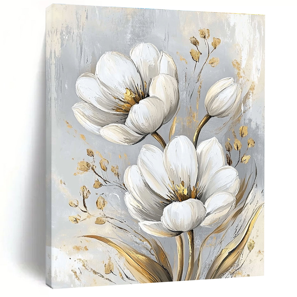 White Flowers with Gold Accents Sophisticated Abstract Painting for Upscale Spaces GAB1528