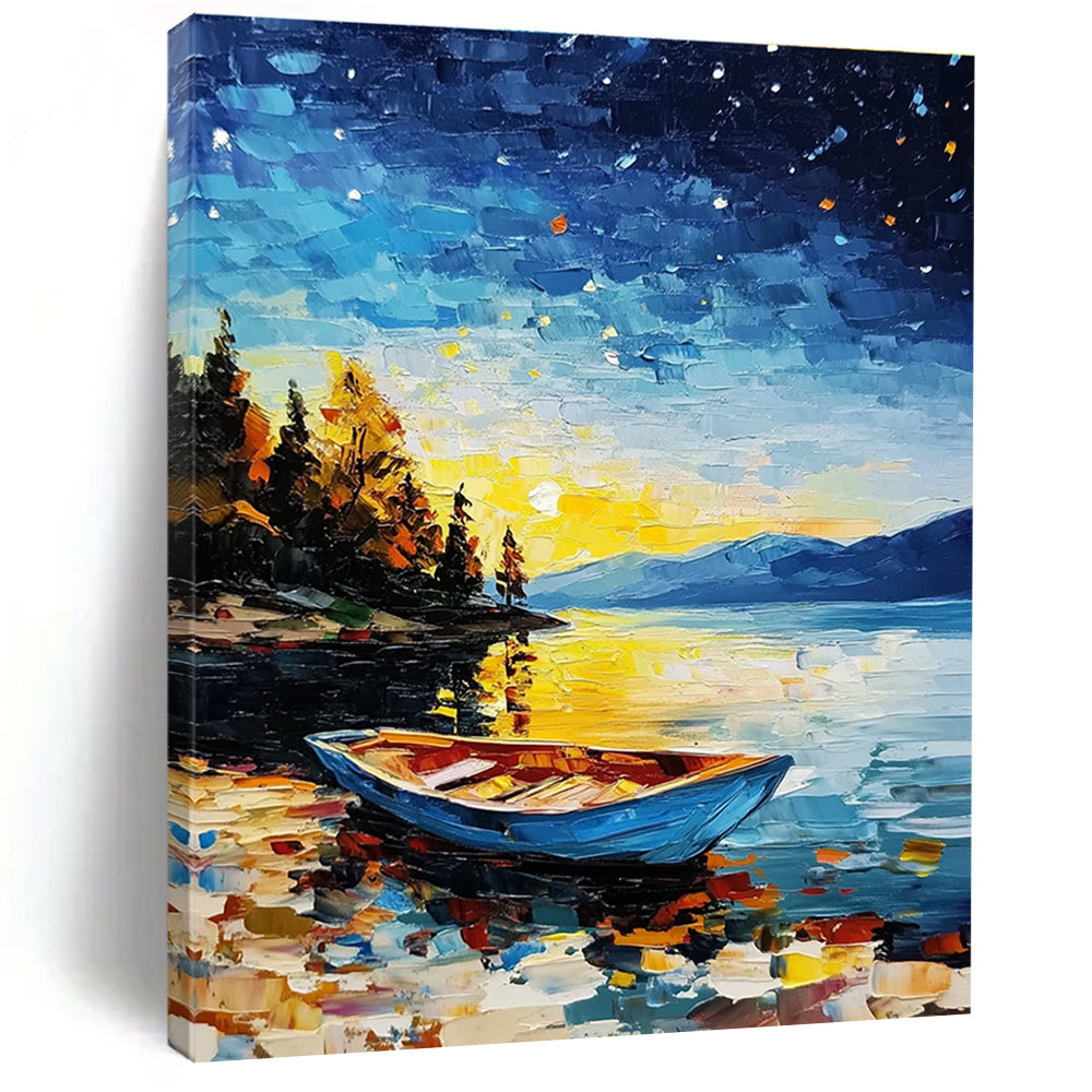 Colorful Lake at Night Abstract Painting for Nautical - Themed Living Rooms GAB1293