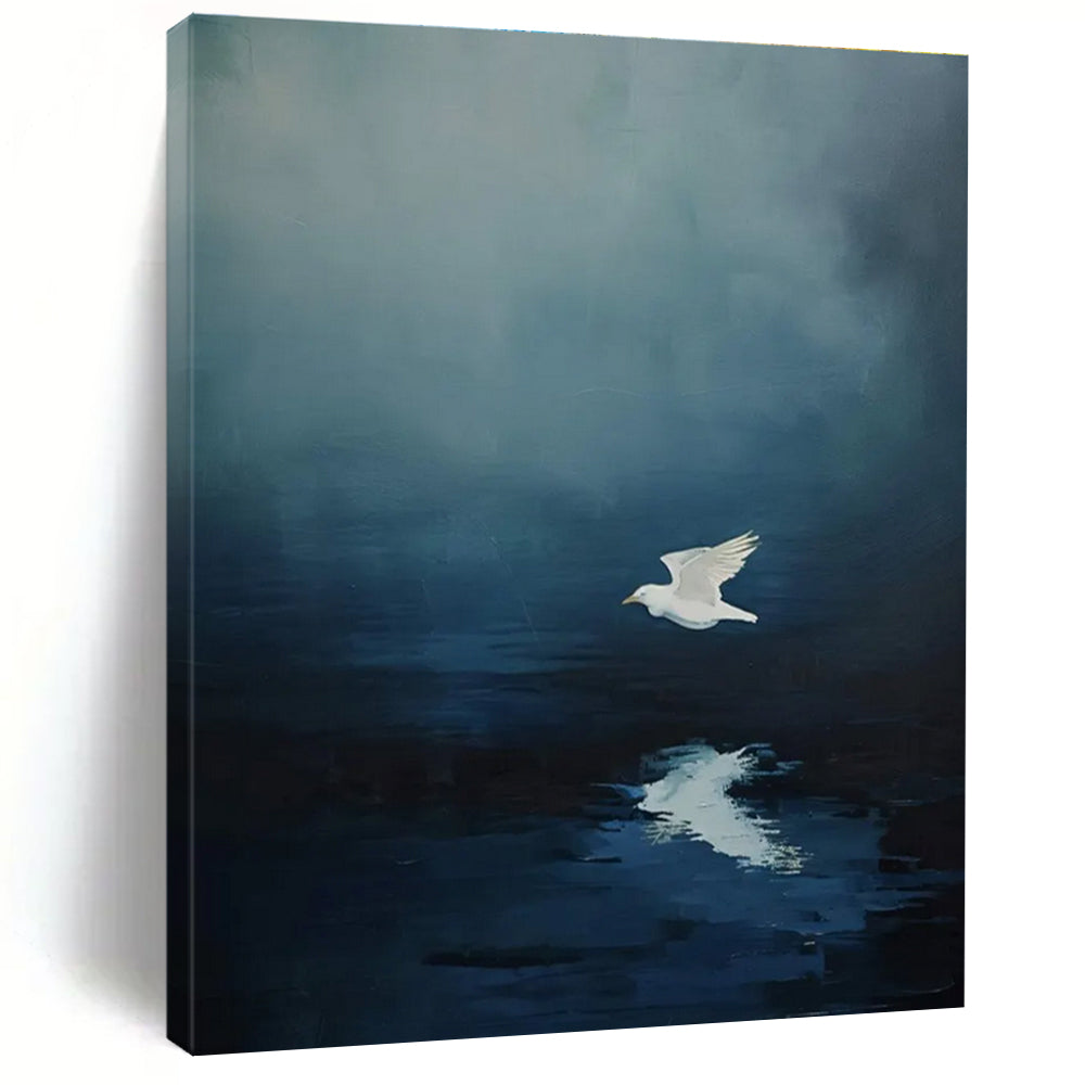White Bird Over Water Abstract Painting for Coastal Home Bedrooms HENG478