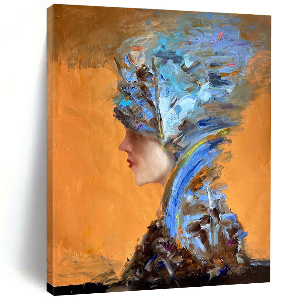 Blue and Brown Textured Portrait Abstract Painting for Sophisticated Dining Rooms HENG348